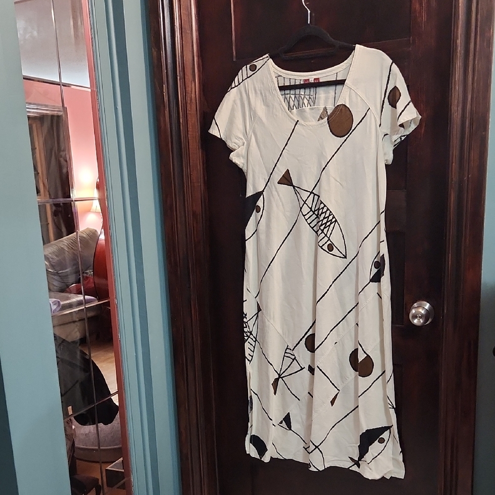 Chic Fish Print White Cotton Dress